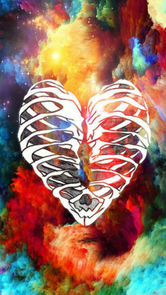 Vibrant Skeleton Heart iPhone Wallpaper - Cosmic Colorful Background