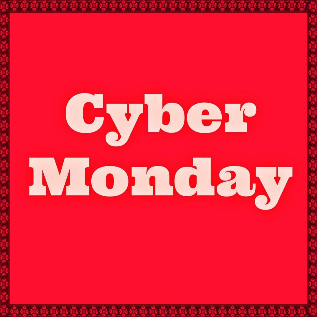 Cyber Monday wallpaper with bold off-white text on bright red background and decorative border