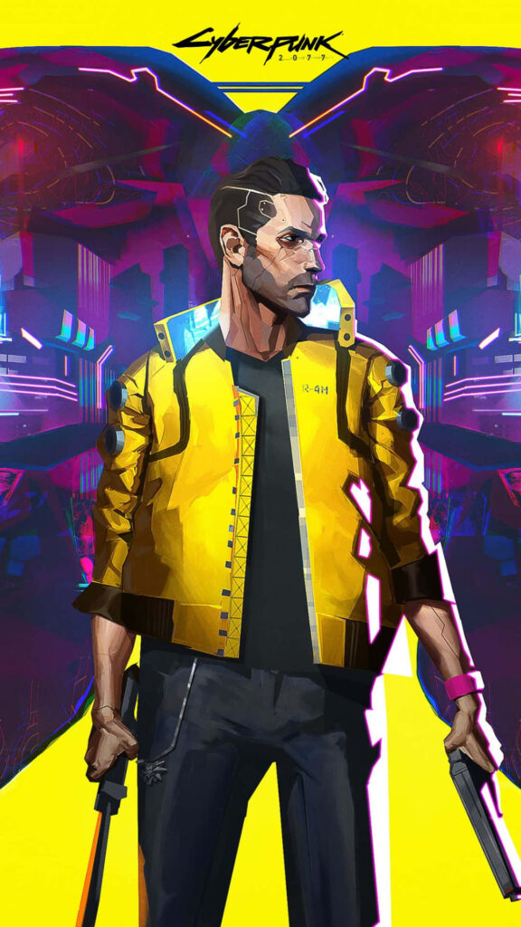 Neon Dreams: A captivating Cyberpunk 2077 Android Wallpaper showcasing a stylish man donning a vibrant yellow jacket