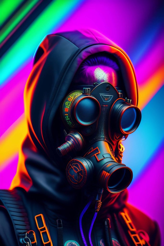 Hooded figure wearing neon gas mask with vibrant cyberpunk neon rainbow background wallpaper