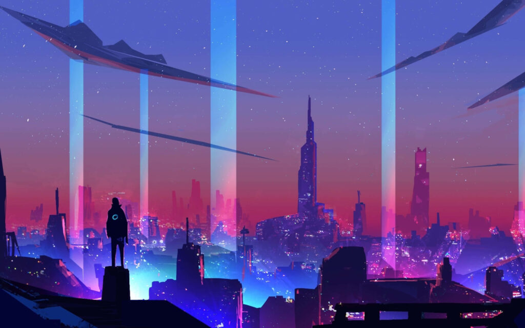 Futuristic Neon Cityscape Wallpaper: Cyberpunk Skyline & Starry Sky
