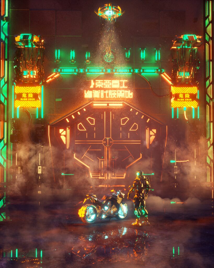 Vibrant Neon Cyberpunk Wallpaper: Futuristic Cyborg & Motorcycle