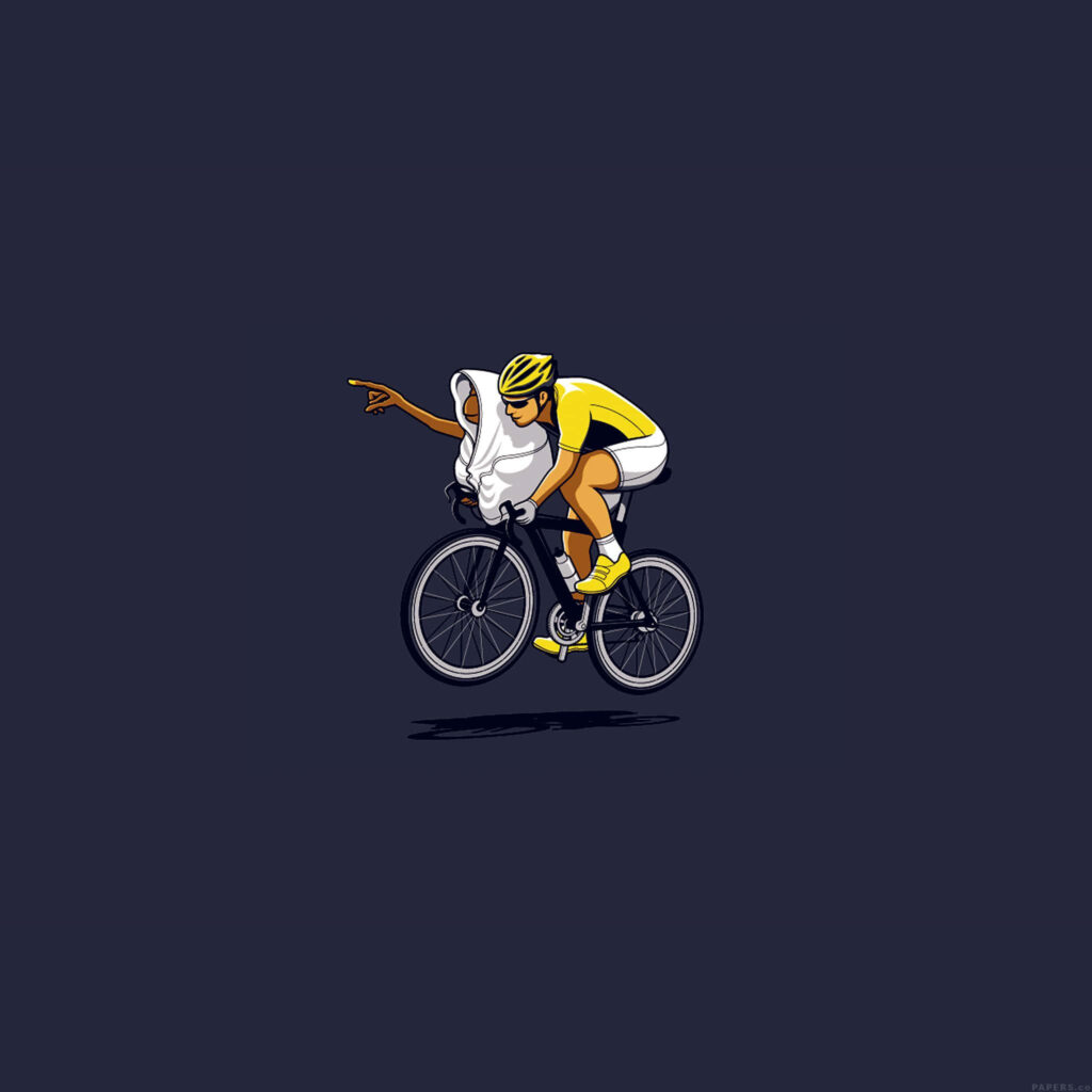 Cyclist in yellow gear riding with cheerful pig on back against dark background dynamic scene Wallpaper