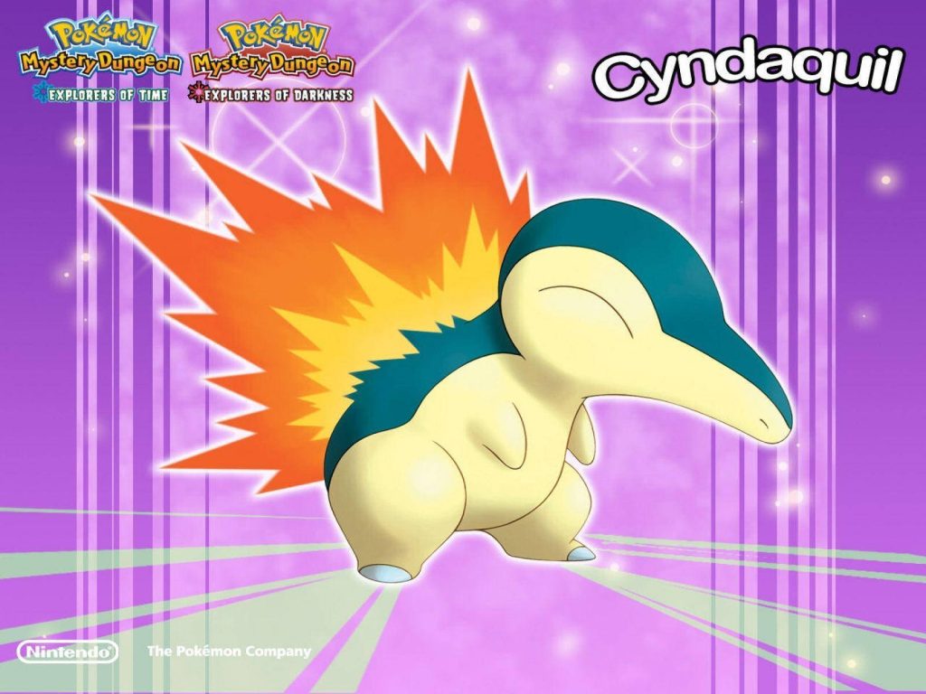 Vibrant Cyndaquil Pokémon wallpaper with flames on purple background for Nintendo fans.