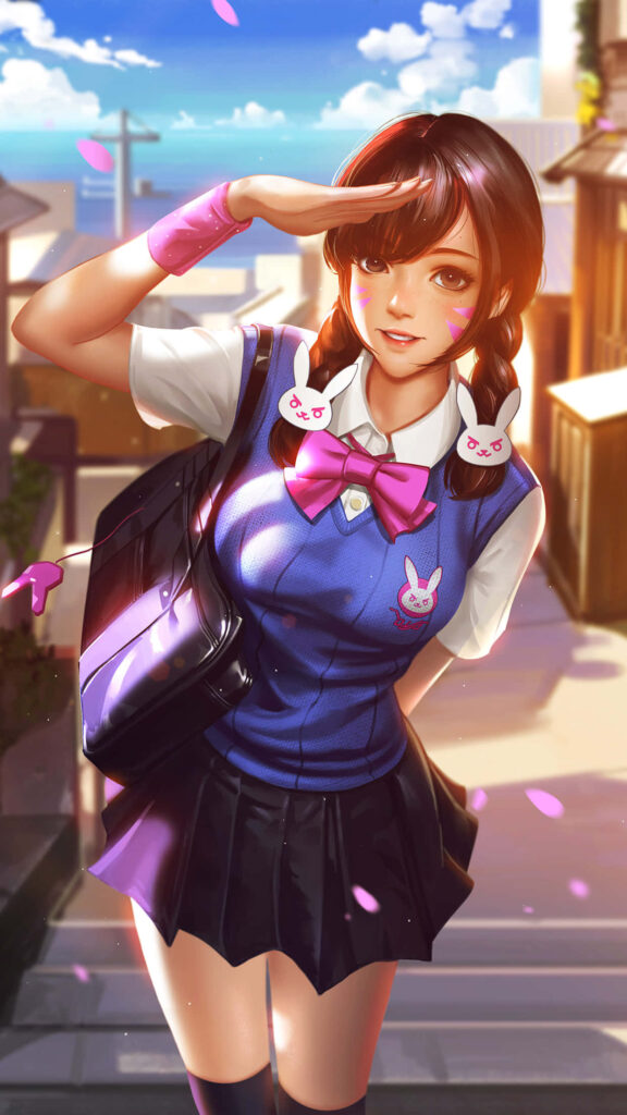 Cheerful D.Va Wallpaper: Vibrant Anime Art with Pink Petals