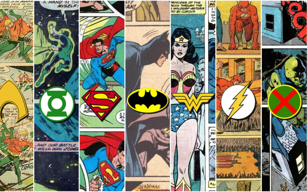 Vibrant DC Comics wallpaper collage with Aquaman Green Lantern Superman Batman Wonder Woman Flash Martian Manhunter