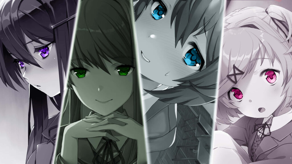 DDLC Girls 4K Wallpaper: Vibrant Comic Strip Style Background