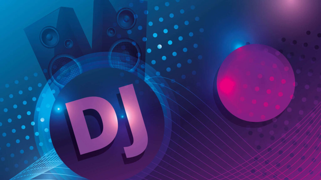 Vibrant DJ wallpaper with glowing letters deep blue purple abstract sound waves and speakers