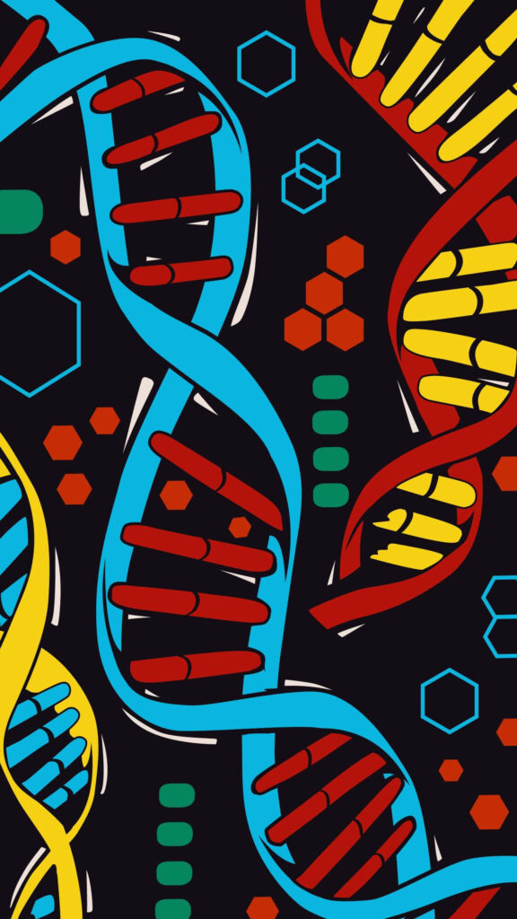 Vibrant DNA wallpaper with blue yellow red double helix on black geometric hexagonal background