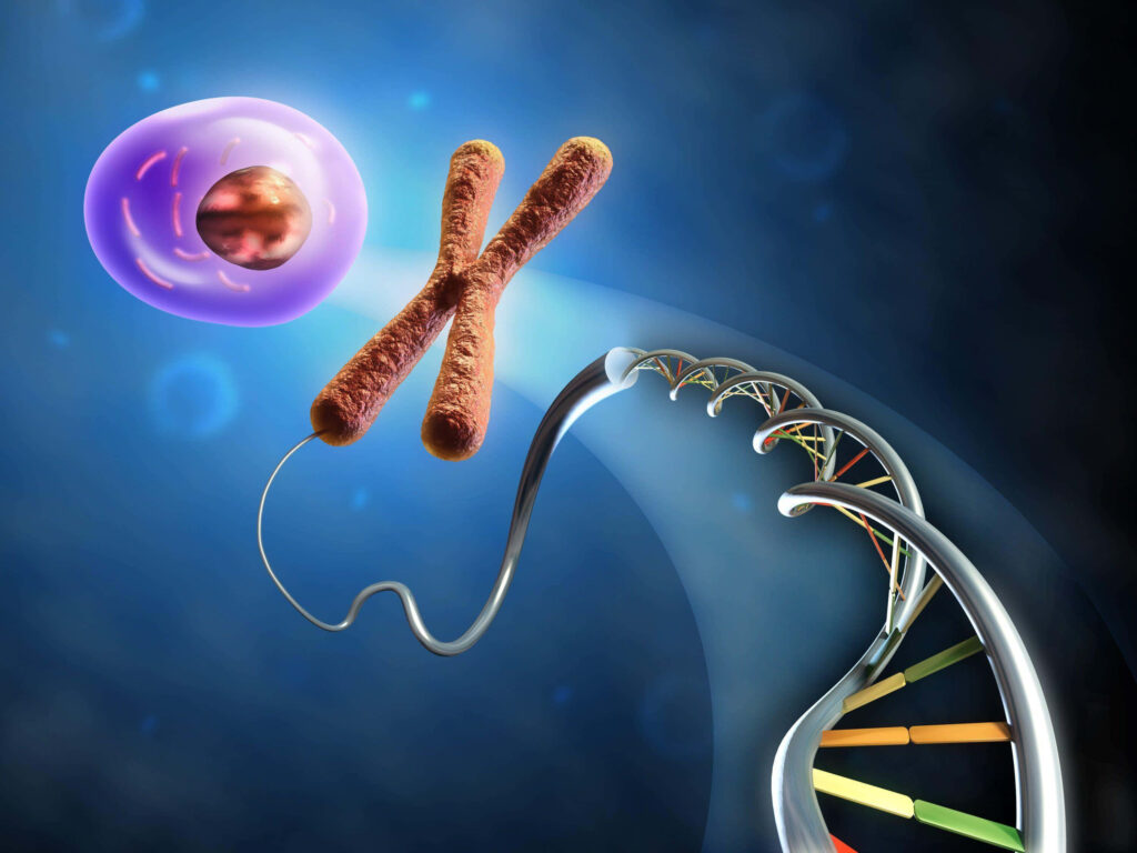 Vibrant DNA double helix unwinding with glowing cell and chromosome on deep blue background Wallpaper