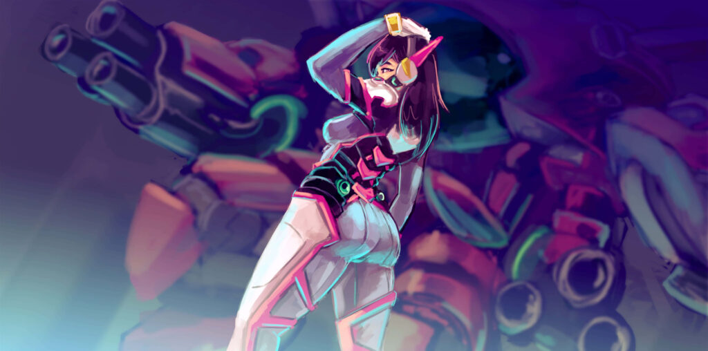 DVa Overwatch wallpaper dynamic pose neon backdrop MEKA suit purple pink teal futuristic art