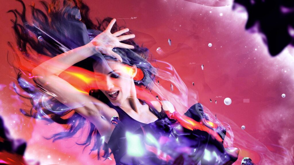 Vibrant Dance Scene: Girl in Motion with Surreal Background Wallpaper