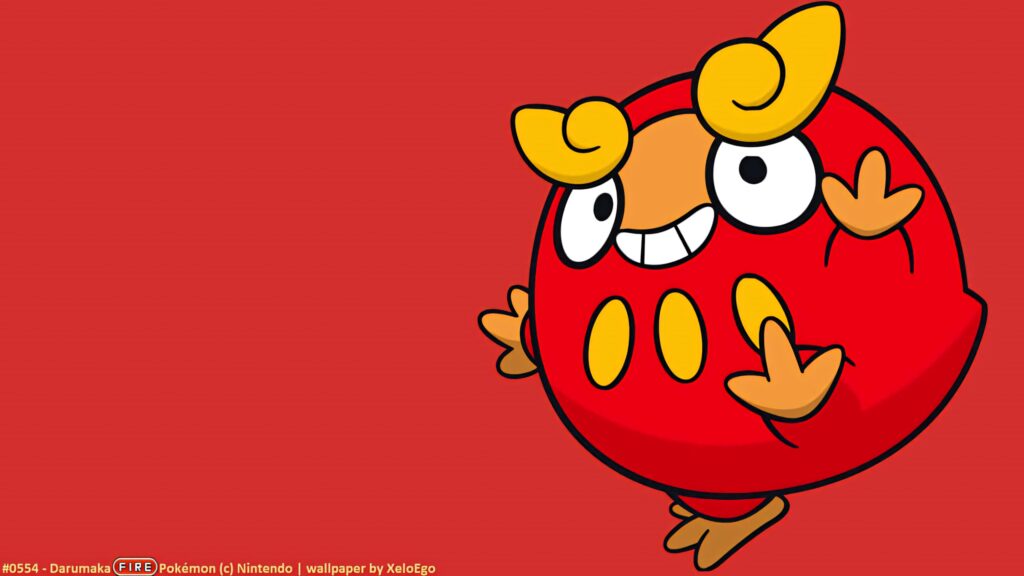 Vibrant Darumaka wallpaper with playful stance bright orange yellow tones red cartoon background