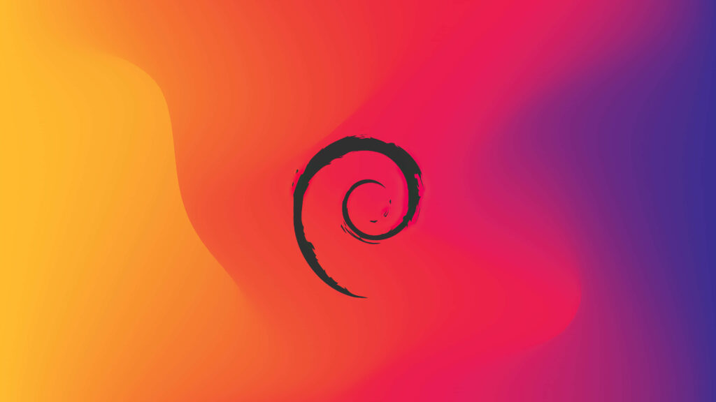 Debian swirl logo centered on vibrant warm orange red pink purple gradient tech wallpaper background