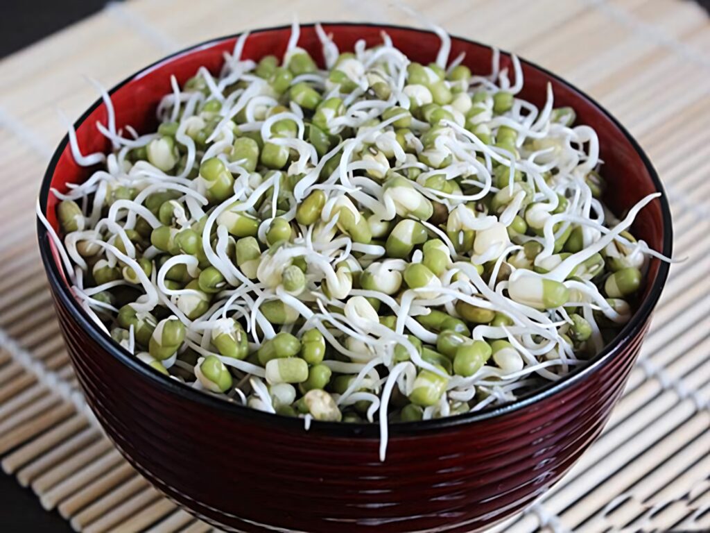 Vibrant bowl of dehydrated mung bean sprouts on bamboo mat showcasing fresh crisp texture Wallpaper
