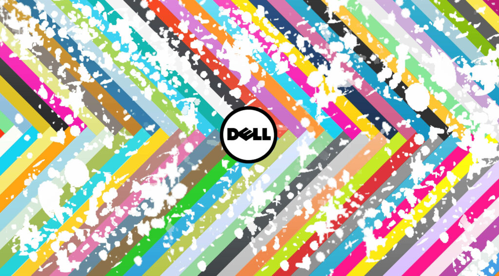 Dell wallpaper with colorful diagonal stripes white splatters and central black and white logo background