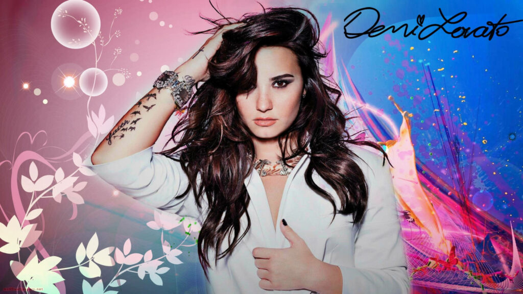 Demi Lovato Vibrant Digital Art Wallpaper: Expressive Floral Background