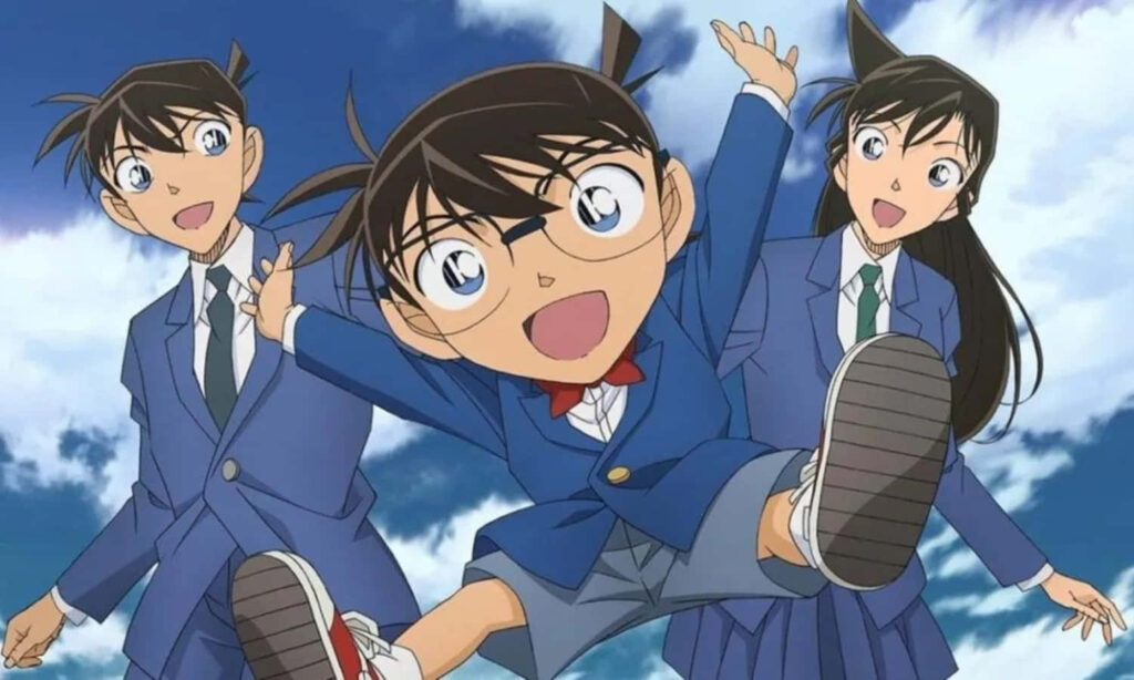 Vibrant Detective Conan Wallpaper: Conan, Ran & Shinichi Under Bright Sky