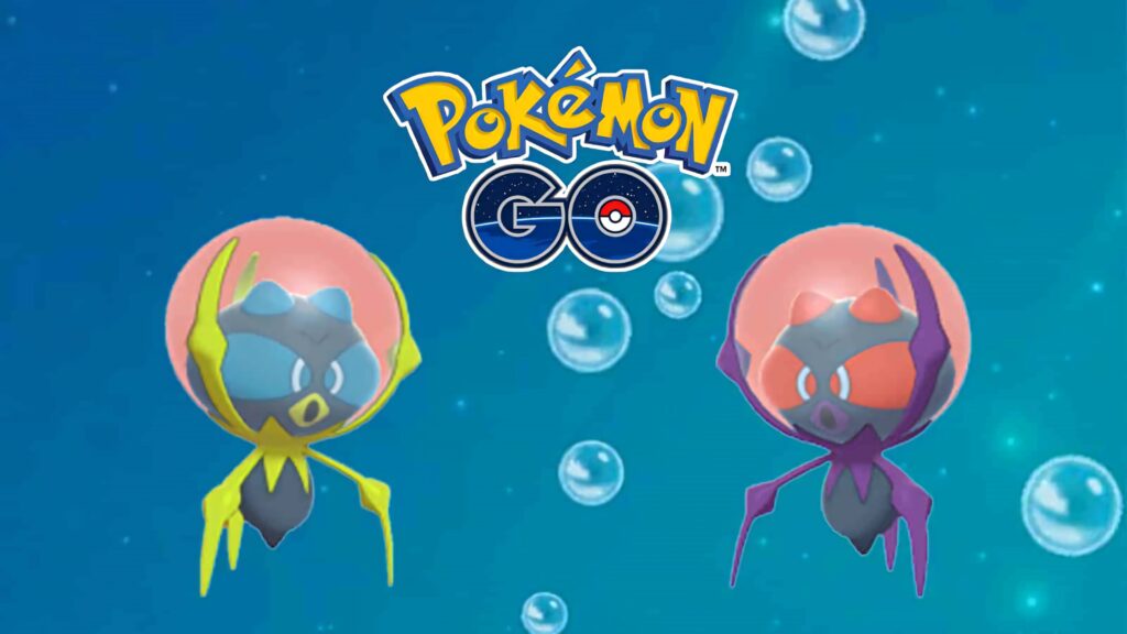 Vibrant Pokémon GO wallpaper with two Dewpider WaterBug Pokémon on a playful blue bubble background