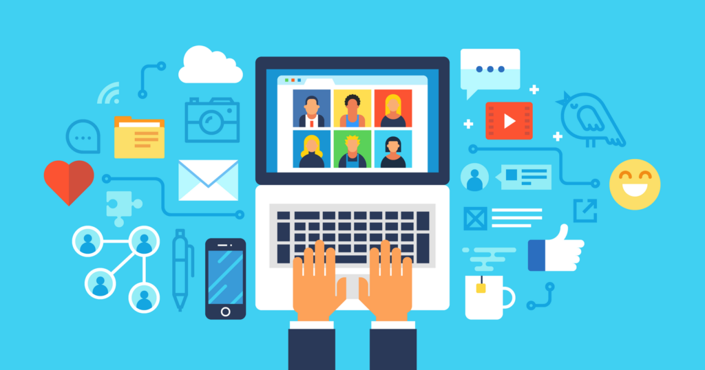 Vibrant Digital Connectivity Wallpaper: Laptop, Phone & Social Media Icons