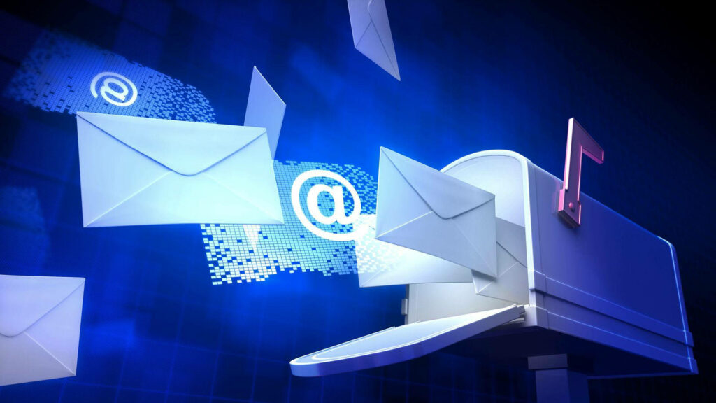 Vibrant digital wallpaper of classic mailbox receiving flying envelopes on blue tech background