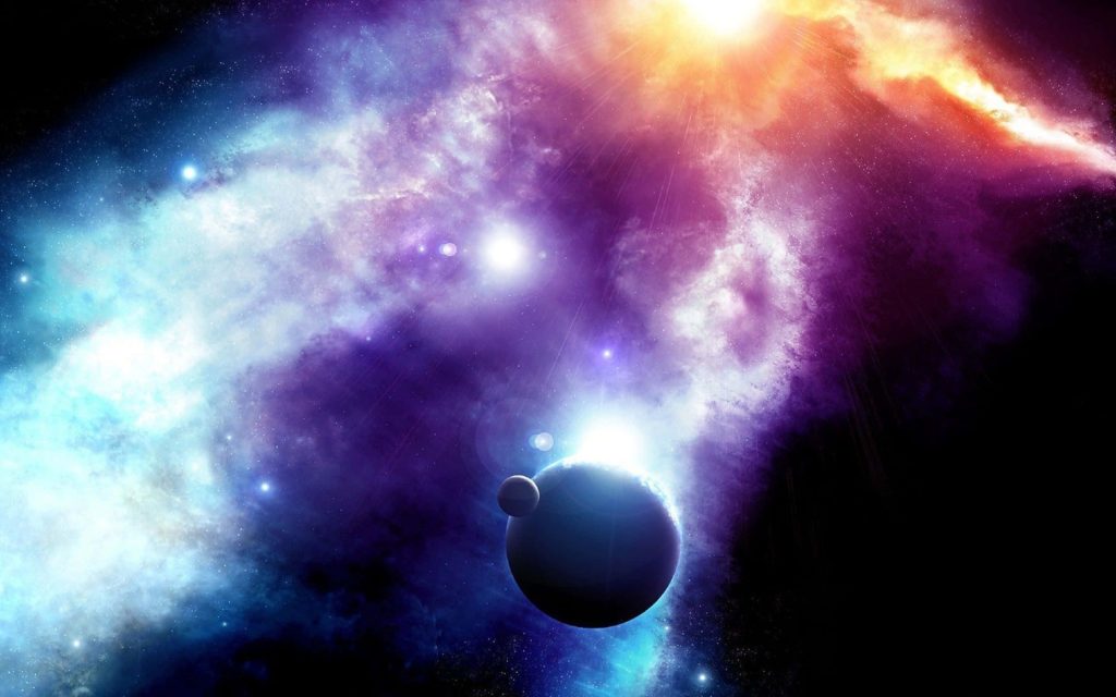 Vibrant digital wallpaper of mysterious planet moon silhouette glowing star purple blue nebulae space