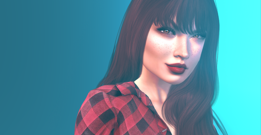 Stunning Digital Wallpaper: Freckled Brunette in Red Plaid Shirt