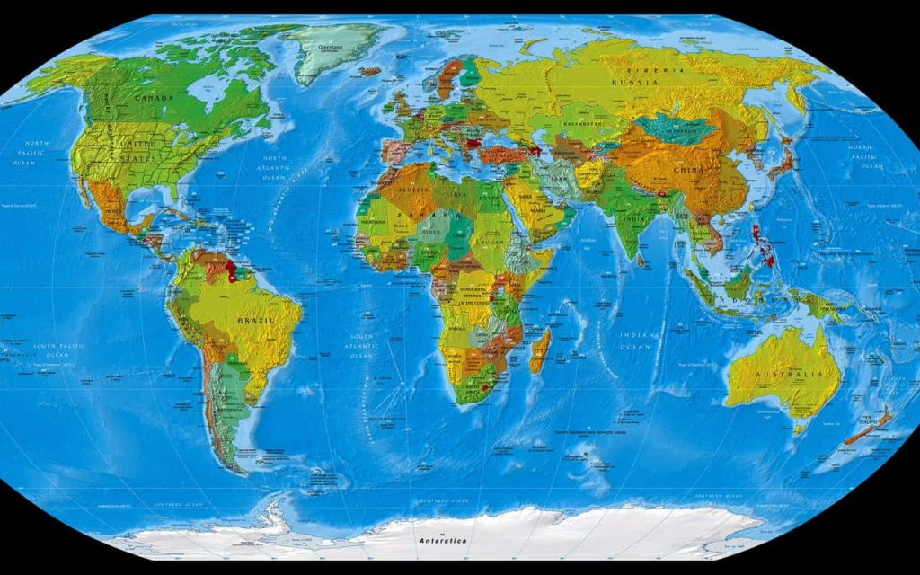 Elliptical projection digital world map wallpaper with vibrant continents political borders oceans