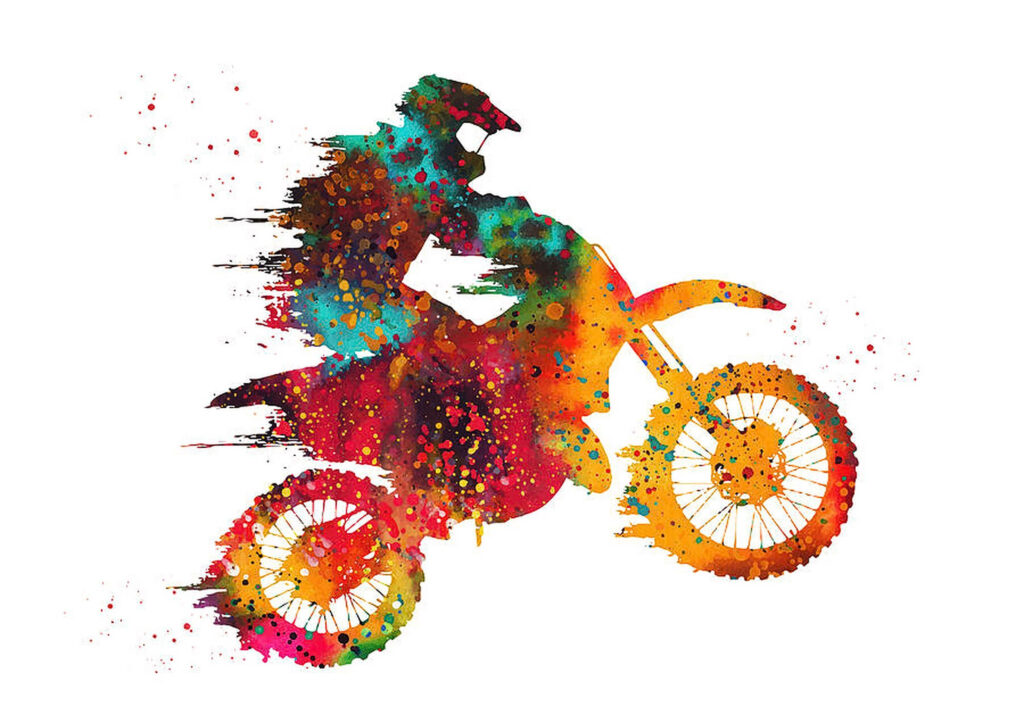 Dirt bike rider in colorful watercolor splashes on white background dynamic artistic wallpaper