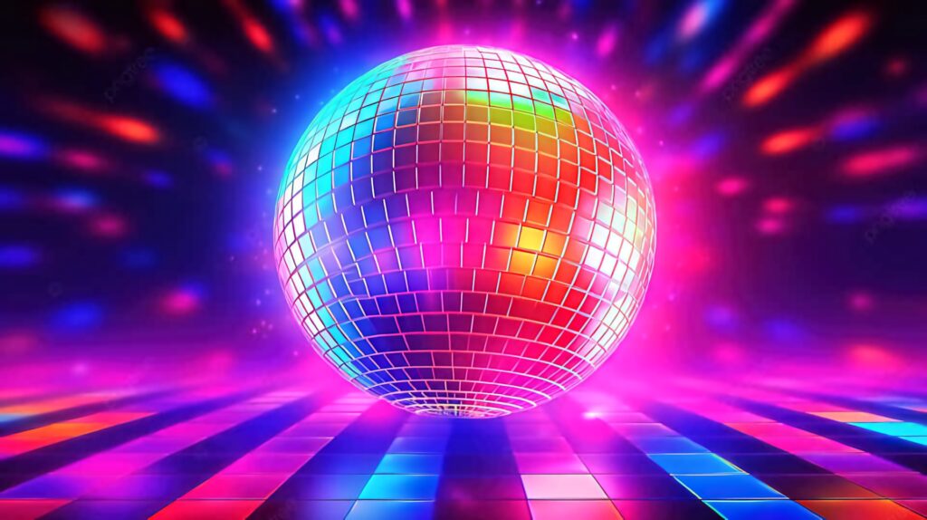 Vibrant disco ball wallpaper with colorful beams and glowing retro dance floor background