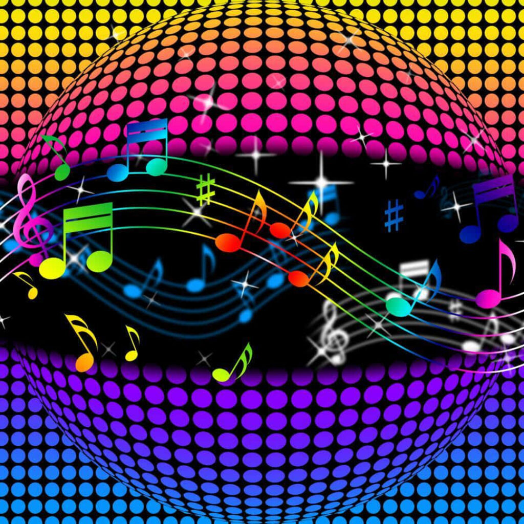Vibrant Disco Ball Wallpaper: Rainbow Dots & Musical Notes Background