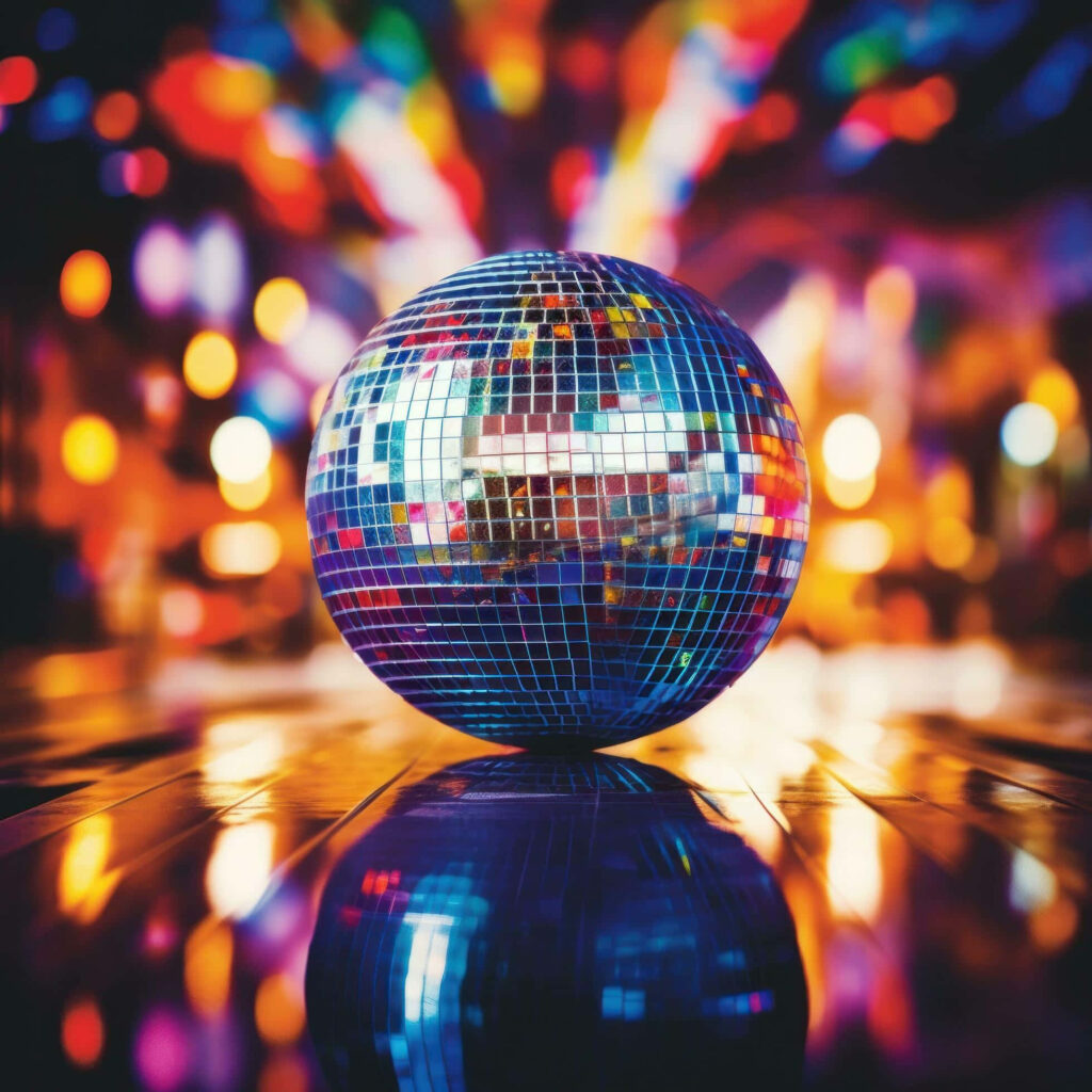 Shimmering disco ball casting vibrant multicolored lights on lively dance floor celebration Wallpaper