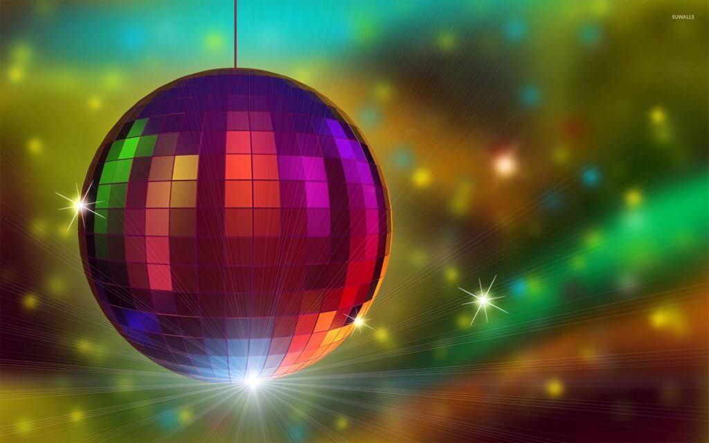 Colorful disco ball wallpaper with vibrant rays and glowing dots in yellow green blue tones