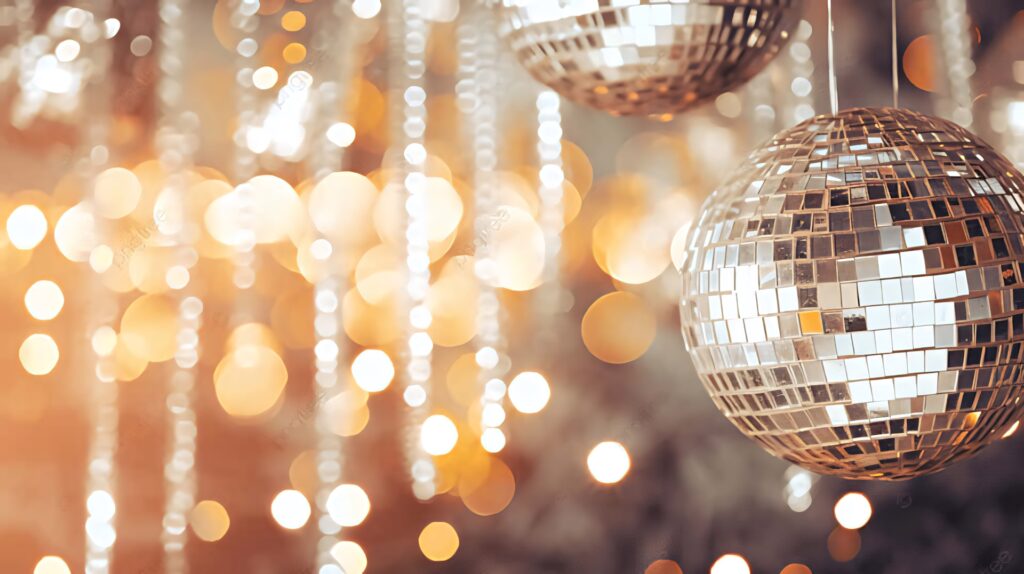 Vibrant disco balls reflecting golden light with soft bokeh festive party wallpaper background