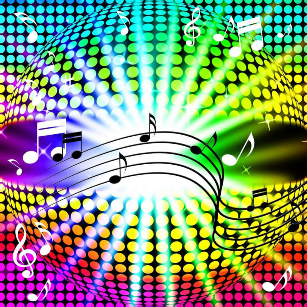 Vibrant Disco-Inspired Wallpaper with Colorful Music Notes