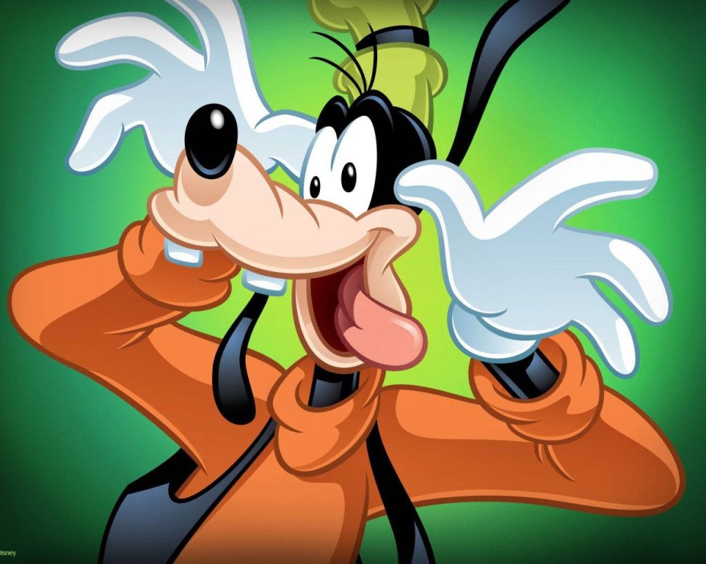 Disney Goofy digital wallpaper with playful goofy face in orange sweater on green background