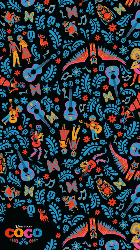 Colorful Coco-Inspired Mobile Wallpaper with Guitars & Skeletons