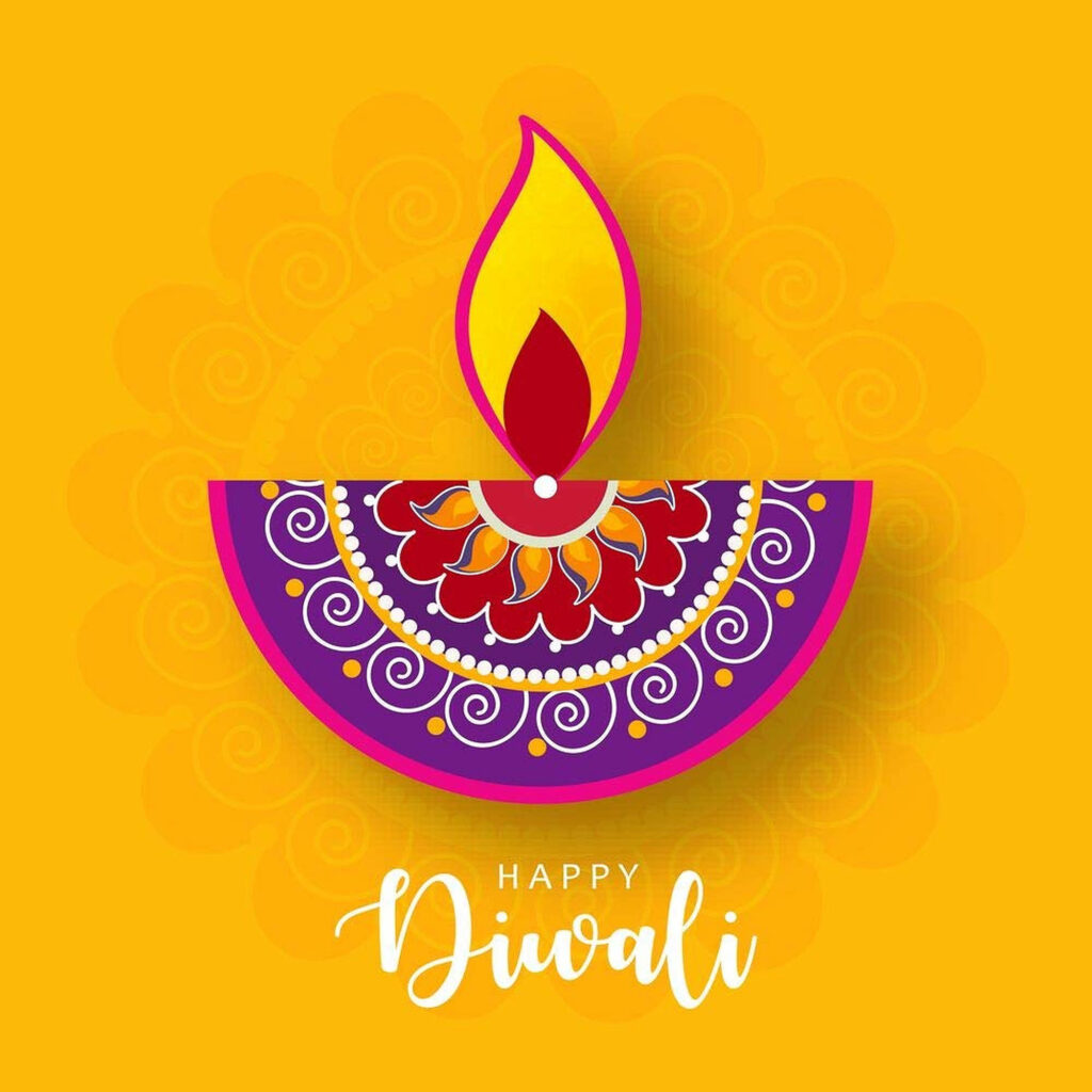 Vibrant Diwali wallpaper with decorative diya and intricate purple red floral mandala patterns