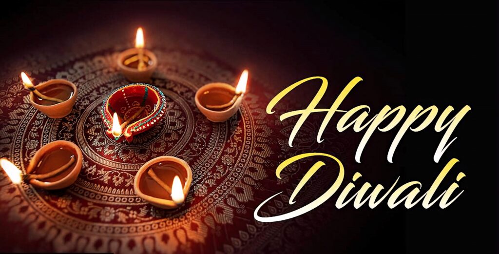 Vibrant Diwali wallpaper with glowing diyas on traditional rangoli and Happy Diwali text background