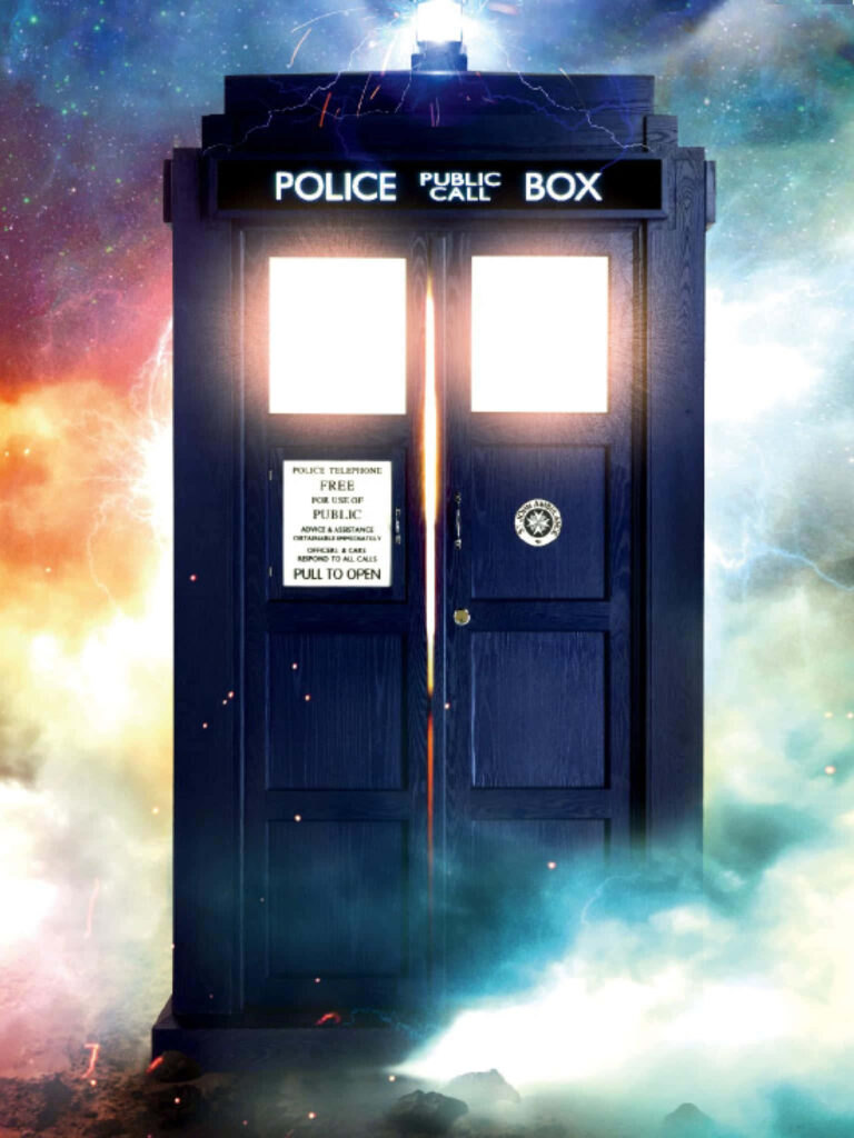 Vibrant Doctor Who TARDIS Wallpaper with Colorful Flames & Cosmic Energy