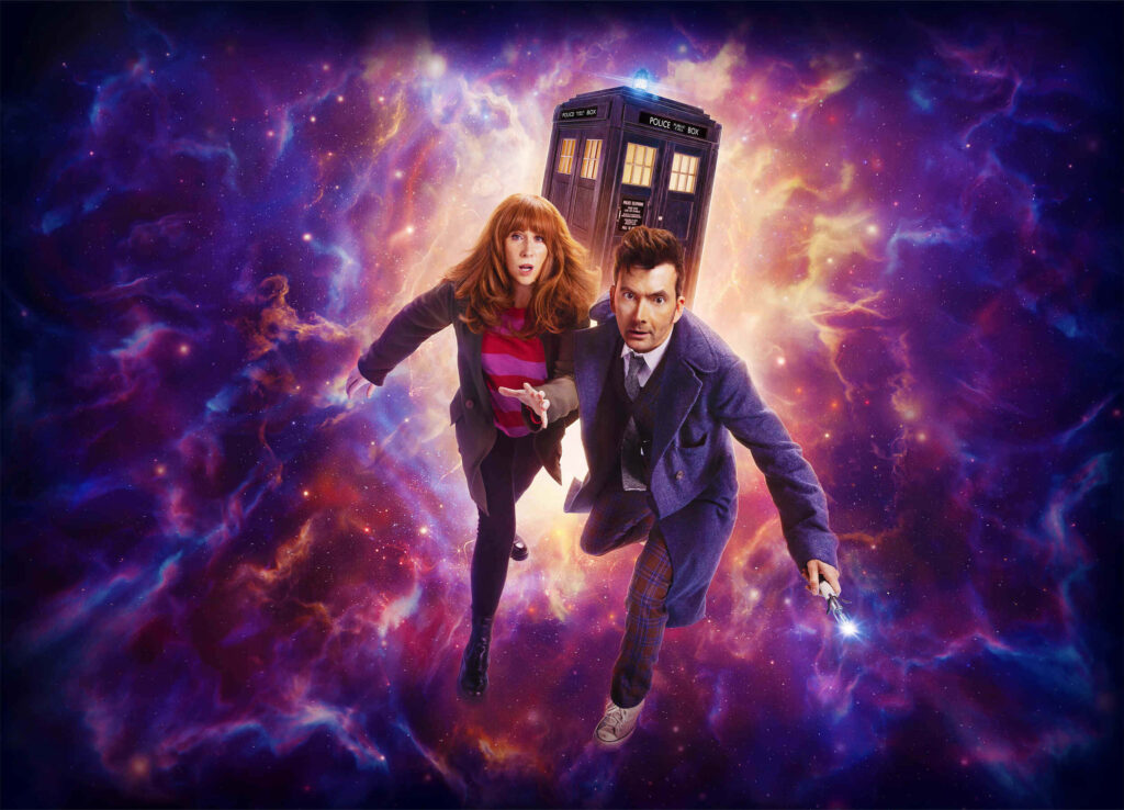 Vibrant Doctor Who Wallpaper: TARDIS & Doctor in Cosmic Adventure