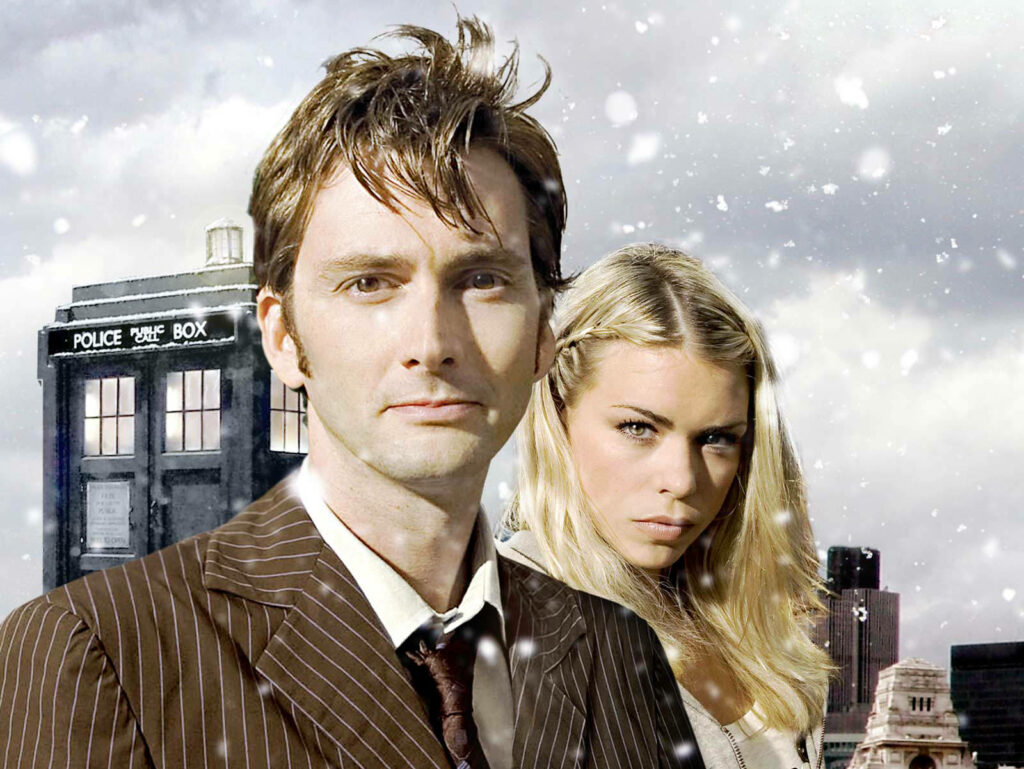 Vibrant Tenth Doctor Wallpaper with TARDIS in Snowy Adventure Scene
