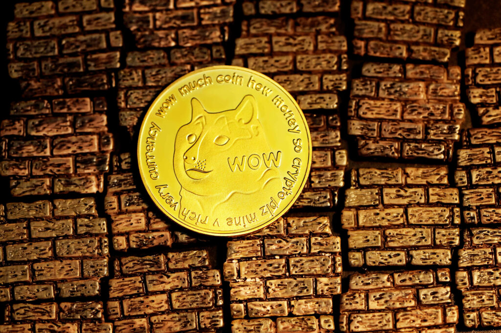 Vibrant Dogecoin coin on textured split bricks background blending crypto and earthy tones Wallpaper