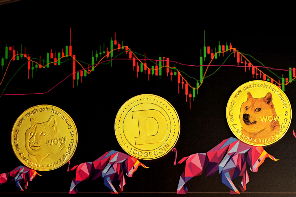 Vibrant wallpaper with three gold Dogecoin tokens Shiba Inu digital stock graph bull figures