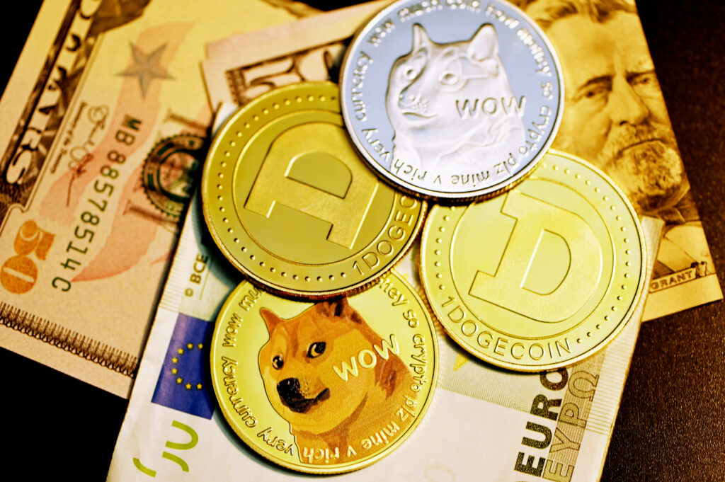Vibrant wallpaper of shiny Dogecoin coins on international banknotes blending digital and traditional finance