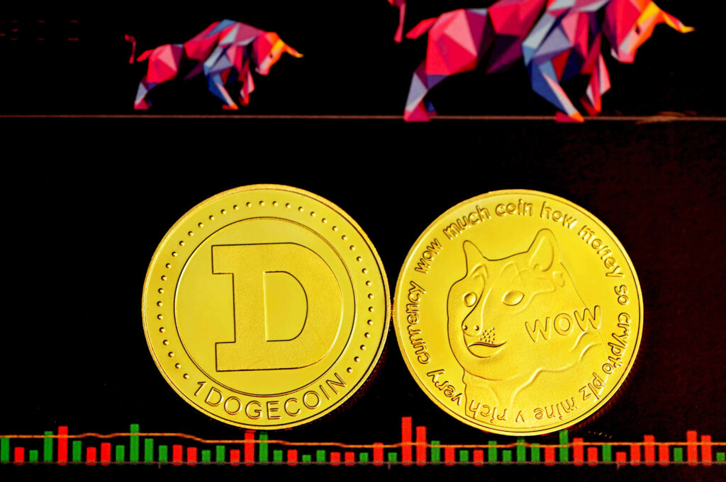 Vibrant wallpaper with gold Dogecoin coins cosmic background polygonal bull and digital market chart