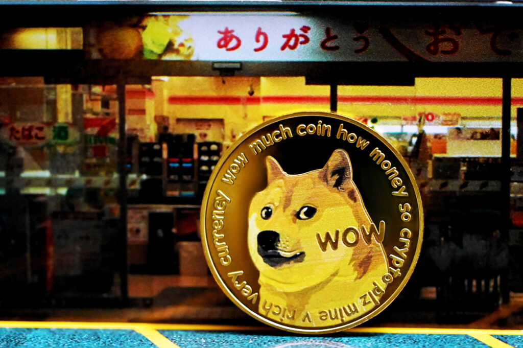 Vibrant Dogecoin wallpaper with Shiba Inu coin and glowing cosmic tech background design