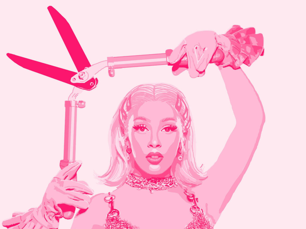 Bold Doja Cat Wallpaper: Vibrant Pink Design with Scissors