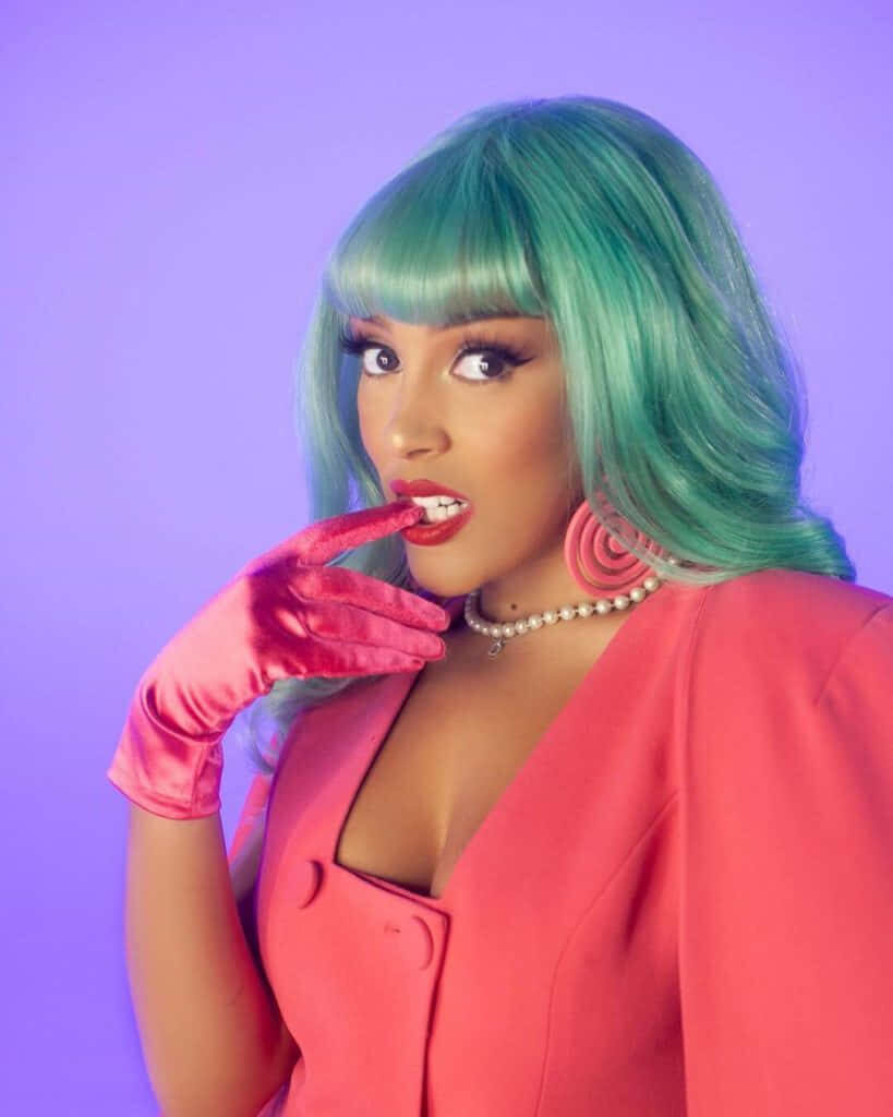 Vibrant Doja Cat Wallpaper: Chic Pink Outfit & Green Hair Delight