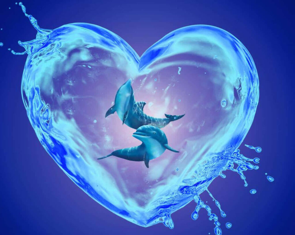Vibrant Dolphin Wallpaper: Heart-Shaped Splash on Deep Blue Background